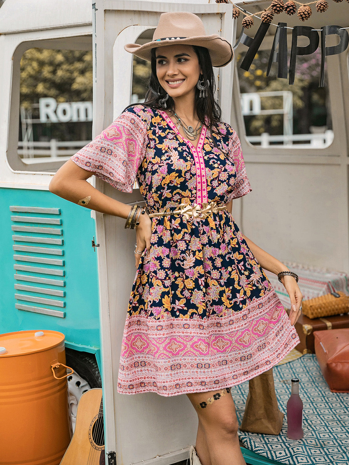 Printed V-Neck Short Sleeve Dress - Shimmervee