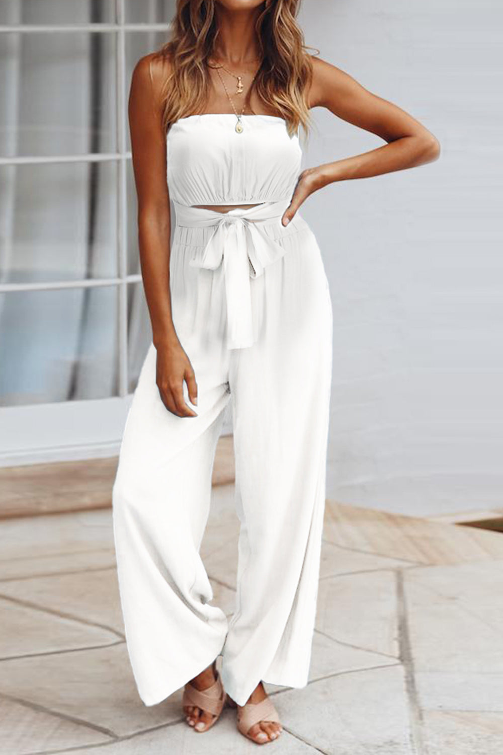 Tied Cutout Tube Wide Leg Jumpsuit - Shimmervee