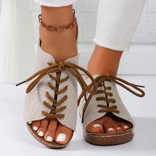 Lace-Up Open Toe Wedge Sandals - Shimmervee