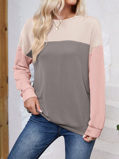 Lovelet Color Block Round Neck Long Sleeve Sweatshirt - Shimmervee