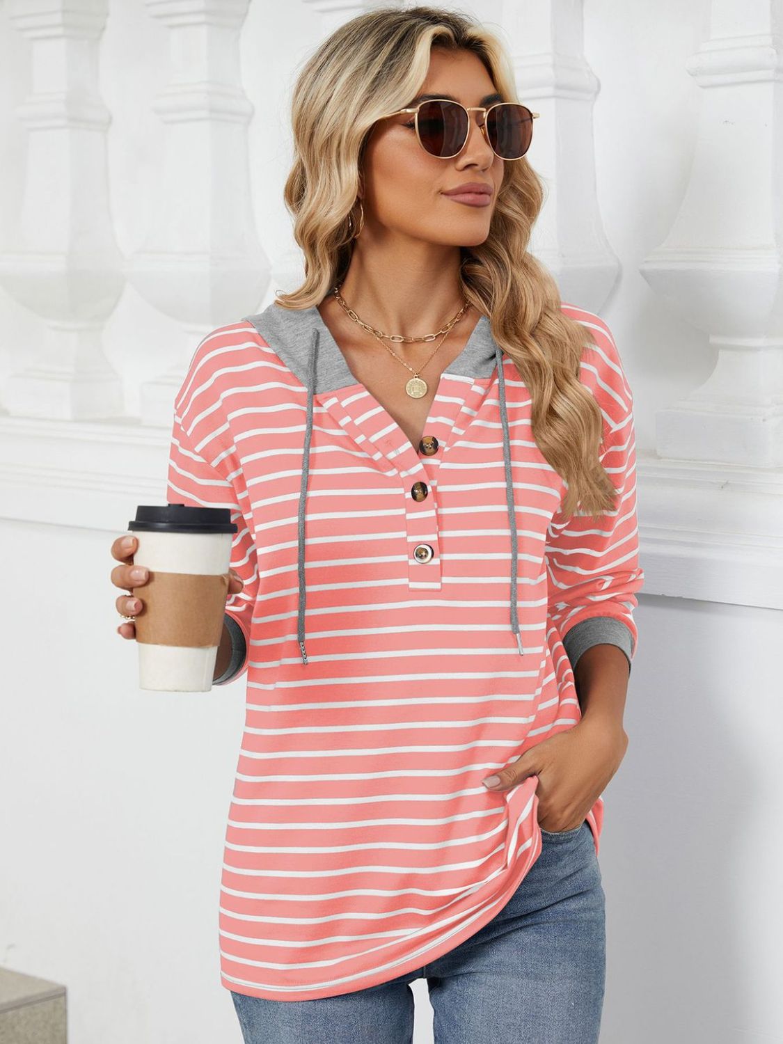 Drawstring Striped Long Sleeve Hoodie - Shimmervee