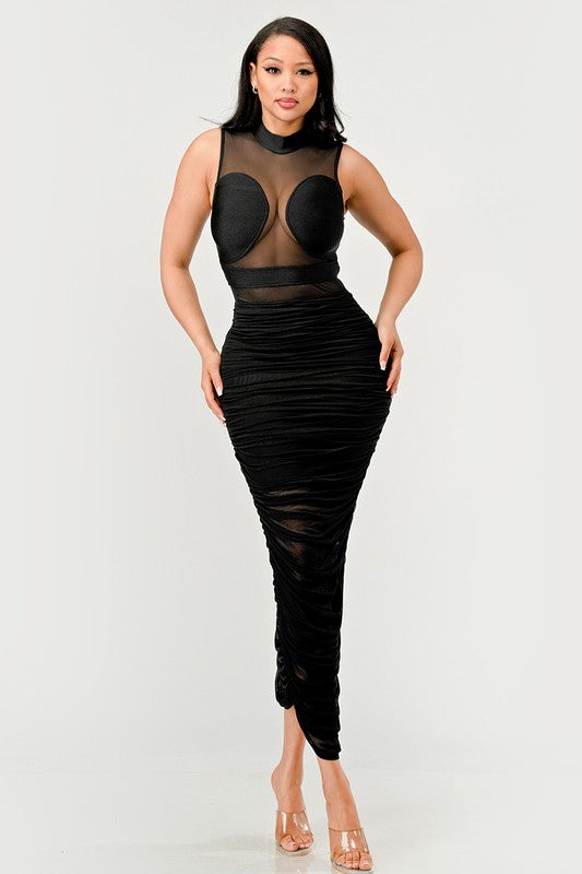 Sleek Black Sheer Illusion Midi Dress