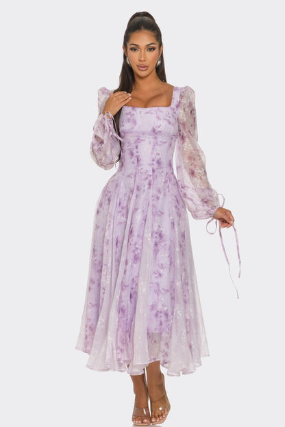 Lavender Blossom Puff Sleeve Dress - Shimmervee