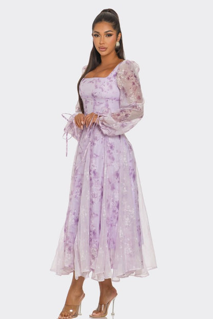 Lavender Blossom Puff Sleeve Dress - Shimmervee