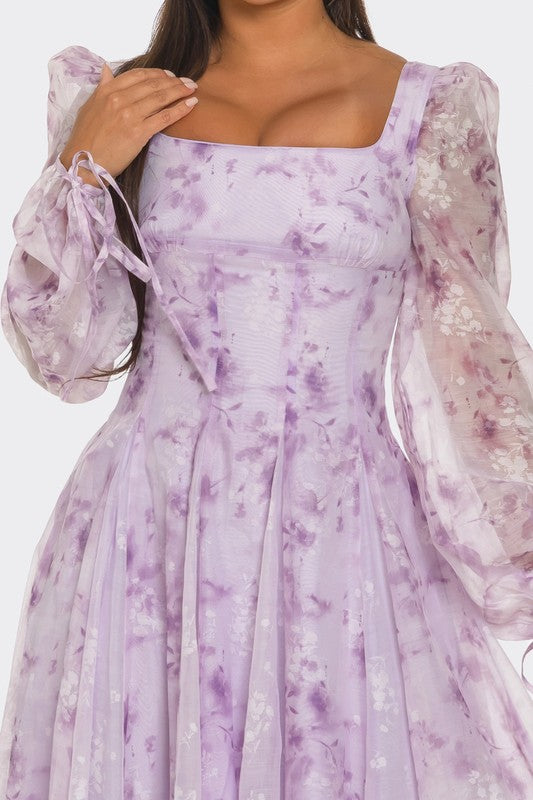 Lavender Blossom Puff Sleeve Dress - Shimmervee