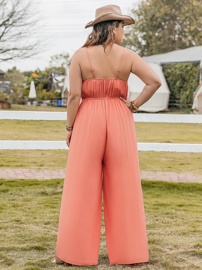 Plus Size Lace Detail Spaghetti Strap Wide Leg Jumpsuit - Shimmervee