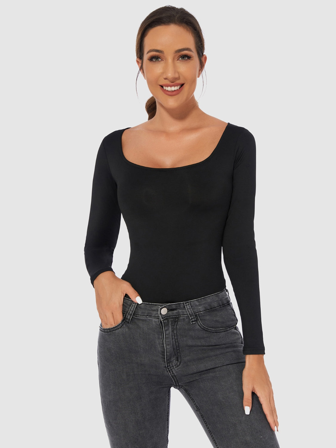 Full Size Scoop Neck Long Sleeve Bodysuit - Shimmervee