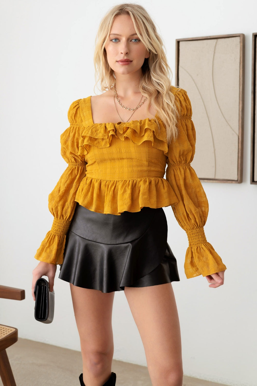 Mustard Seed Boho Shirred Smocked Peplum Long Sleeve Top - Shimmervee