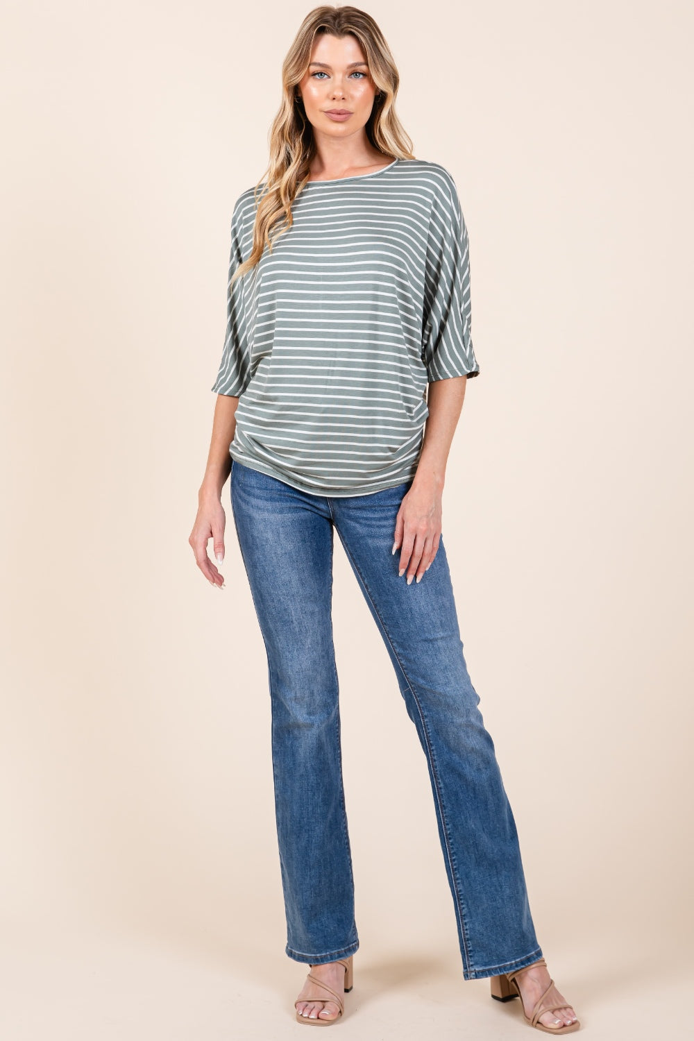 BOMBOM Striped Boat Neck Dolman Sleeve Top - Shimmervee