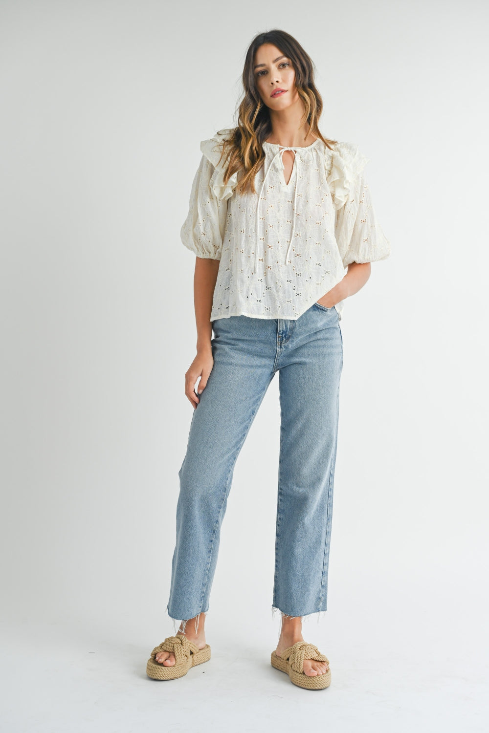 MABLE Eyelet Lace Ruffle Shoulder Puff Sleeve Blouse - Shimmervee