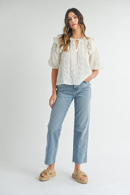 MABLE Eyelet Lace Ruffle Shoulder Puff Sleeve Blouse - Shimmervee