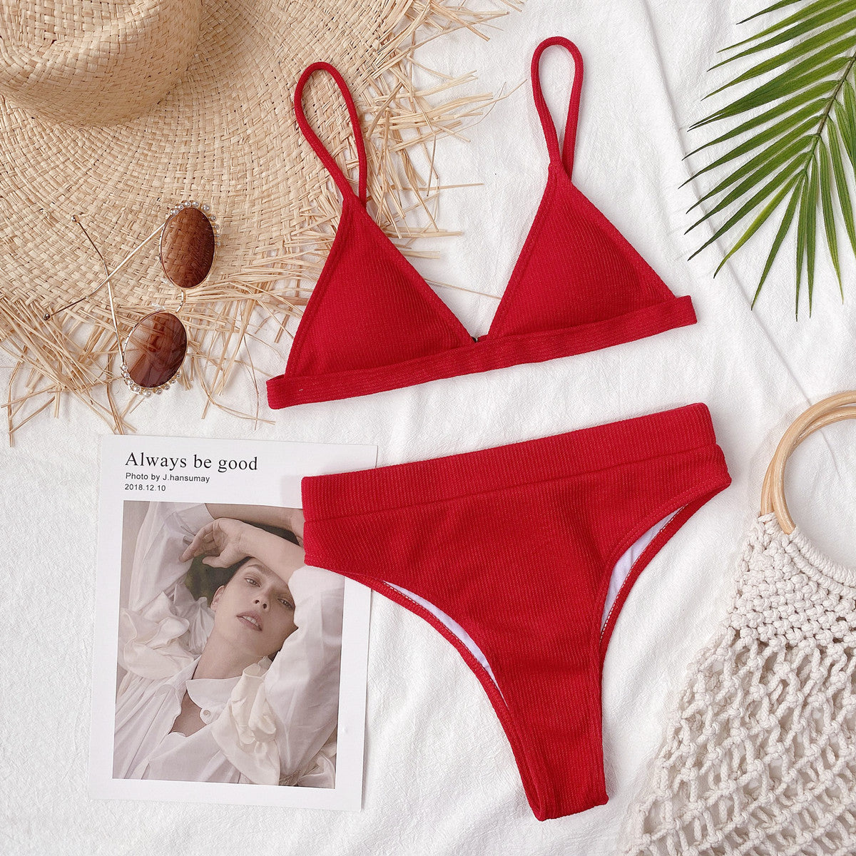 Spaghetti Strap Ribbed Bikini Set - Shimmervee