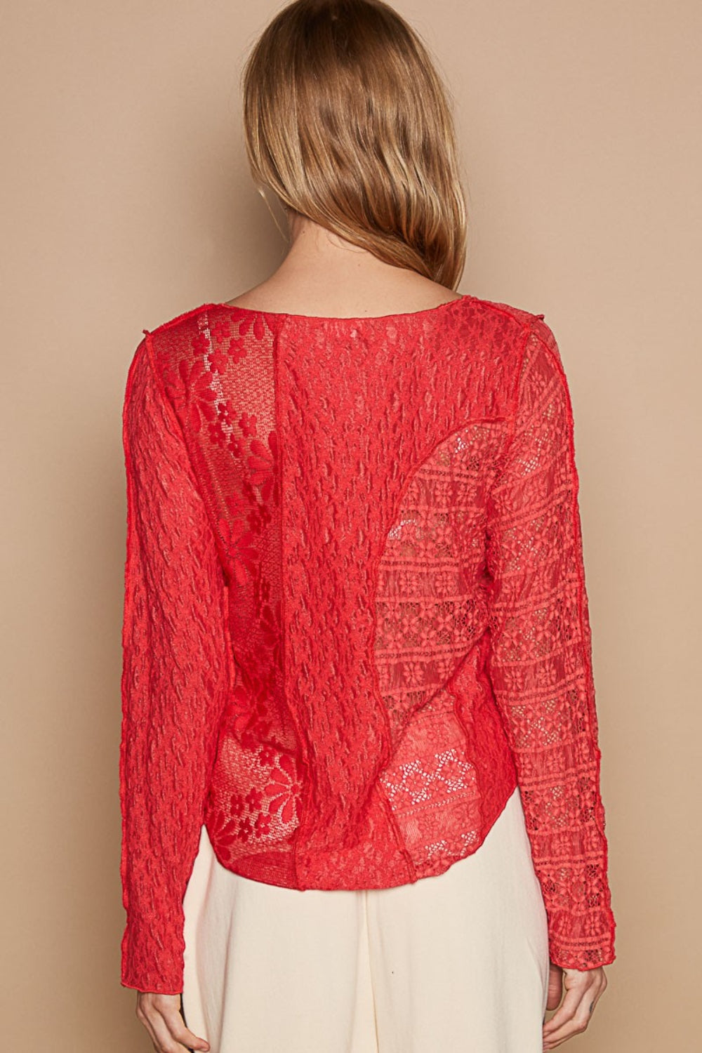 POL Exposed Seam Long Sleeve Lace Knit Top - Shimmervee