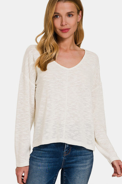 Zenana V-Neck Dropped Shoulder Long Sleeve T-Shirt - Shimmervee