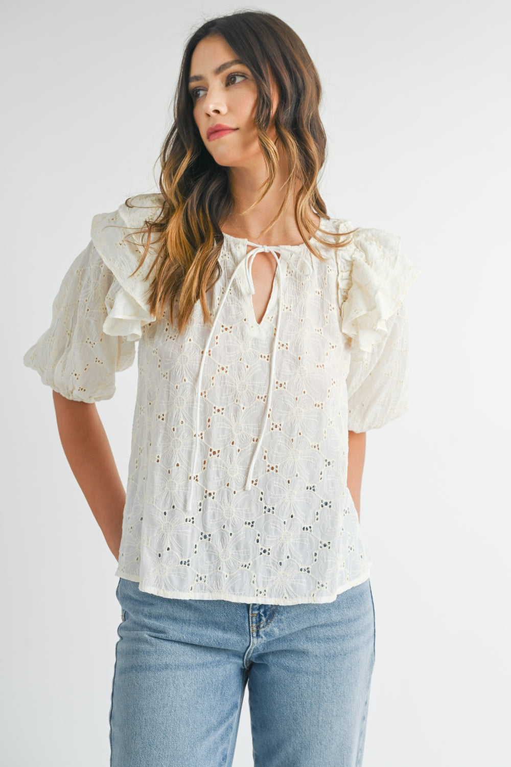 MABLE Eyelet Lace Ruffle Shoulder Puff Sleeve Blouse - Shimmervee