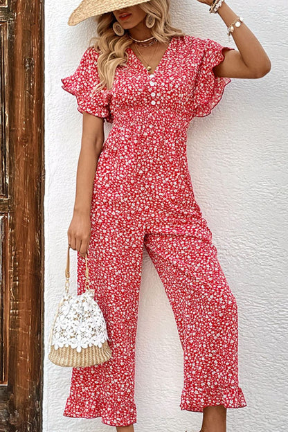 Perfee Printed Tie Back Ruffled Jumpsuit