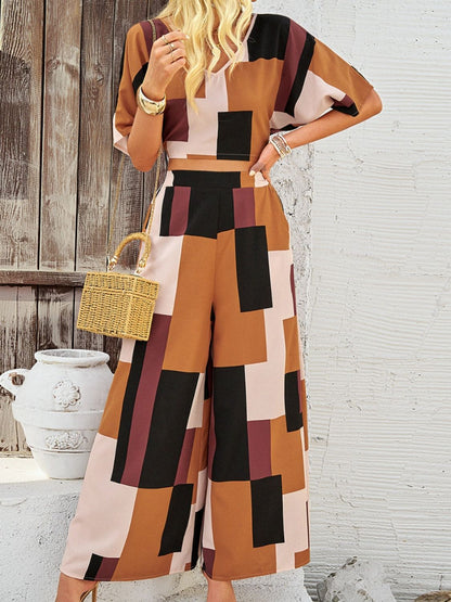 Devine Color Block V-Neck Top and Wide Leg Pants Set