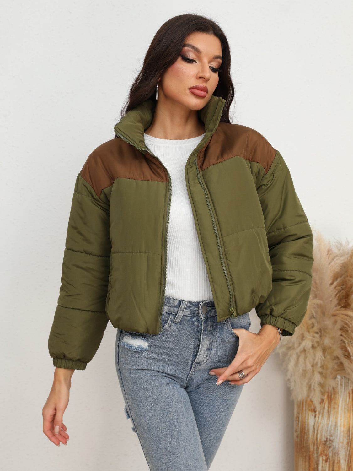 Two-Tone Zip-Up Puffer Jacket - Shimmervee