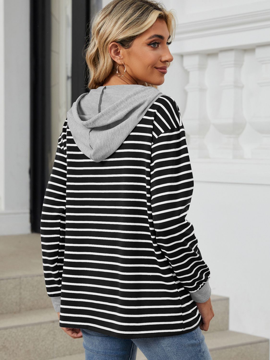 Drawstring Striped Long Sleeve Hoodie - Shimmervee