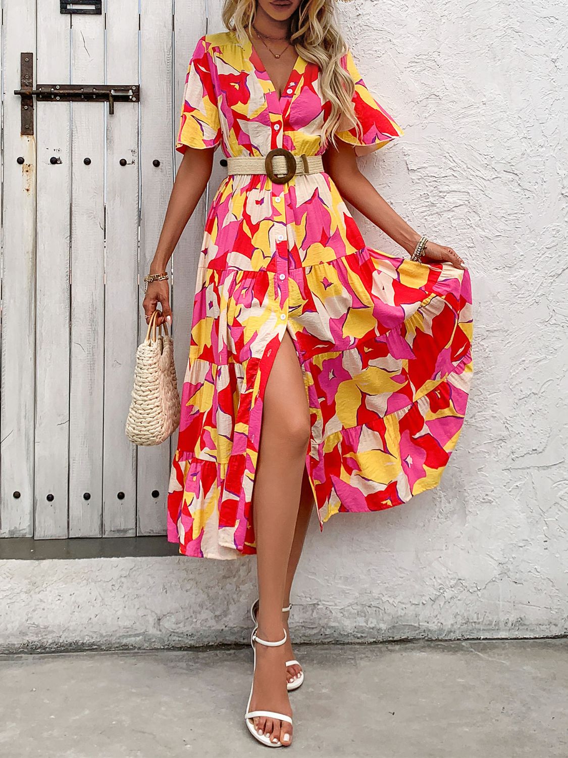 Perfee Printed V-Neck Flutter Sleeve Midi Dress