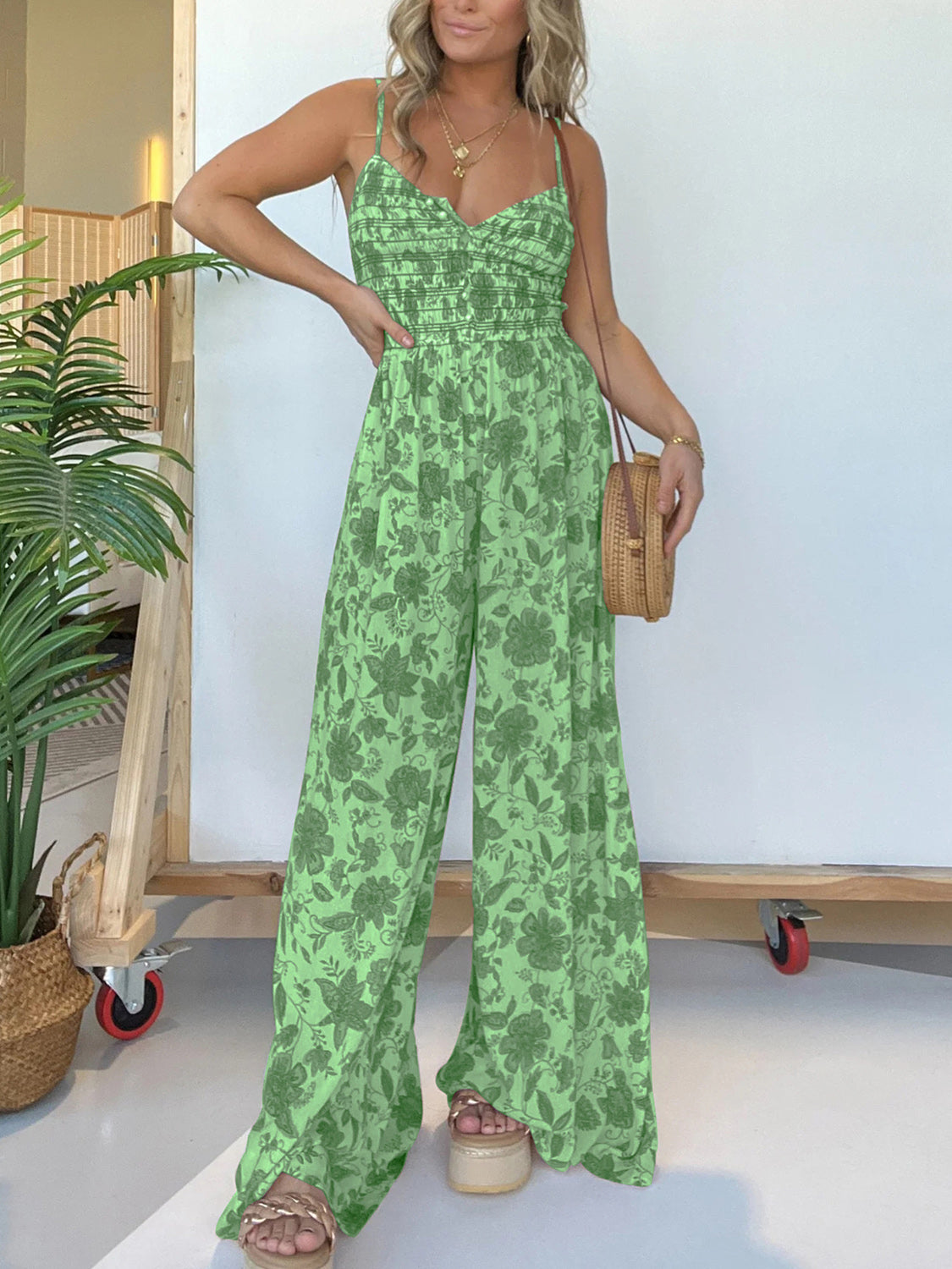 Full Size Printed Spaghetti Strap Wide Leg Jumpsuit - Shimmervee