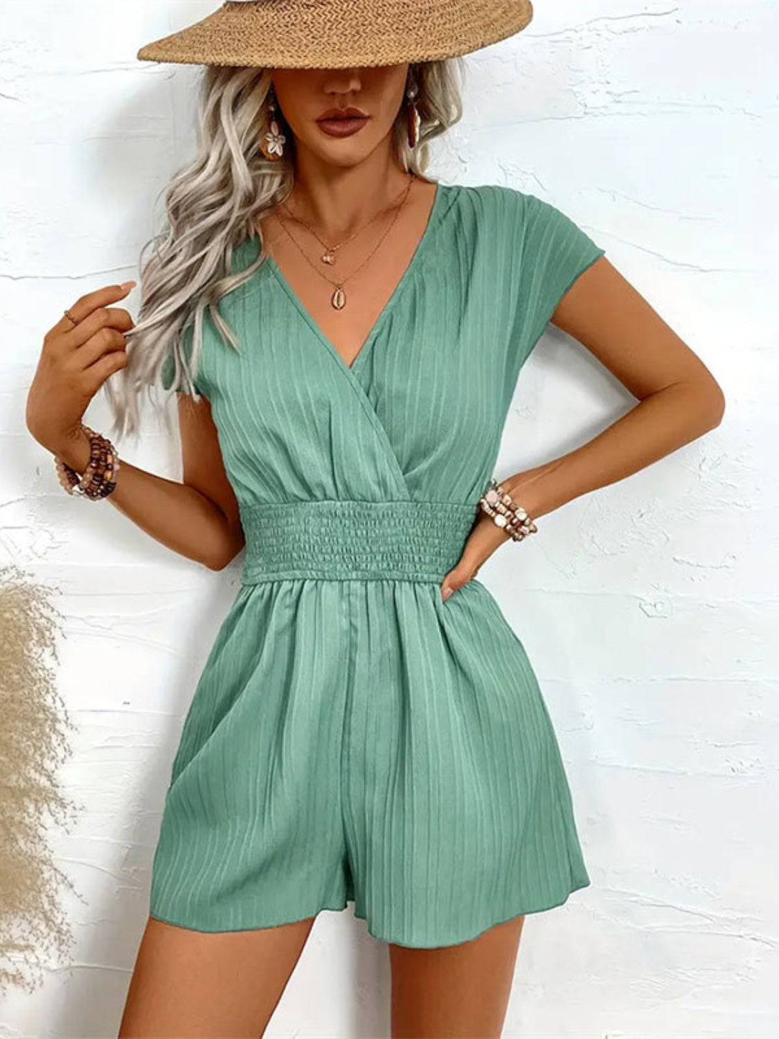 Tied Surplice Short Sleeve Romper - Shimmervee