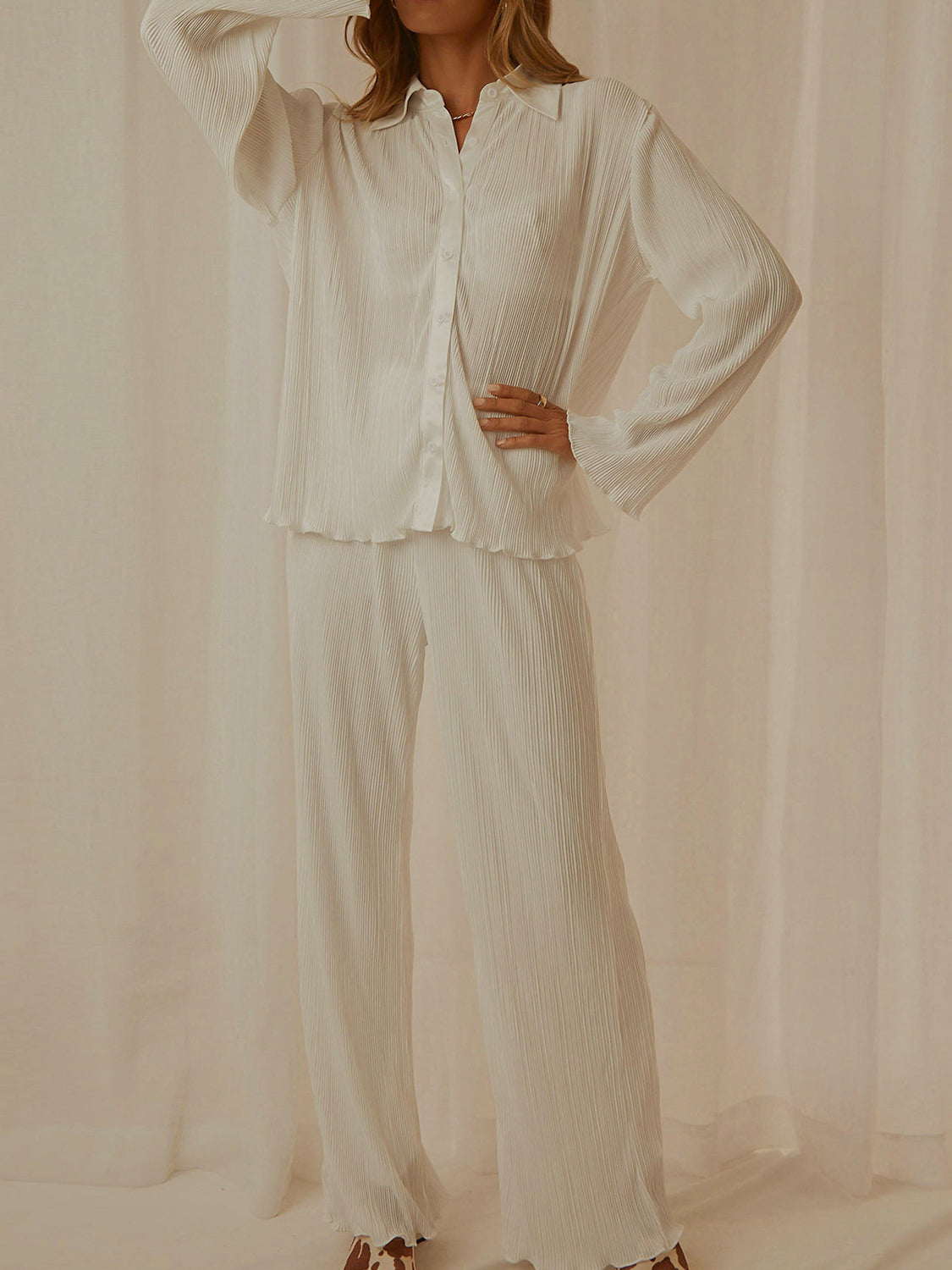 Collared Neck Long Sleeve Top and Pants Lounge Set