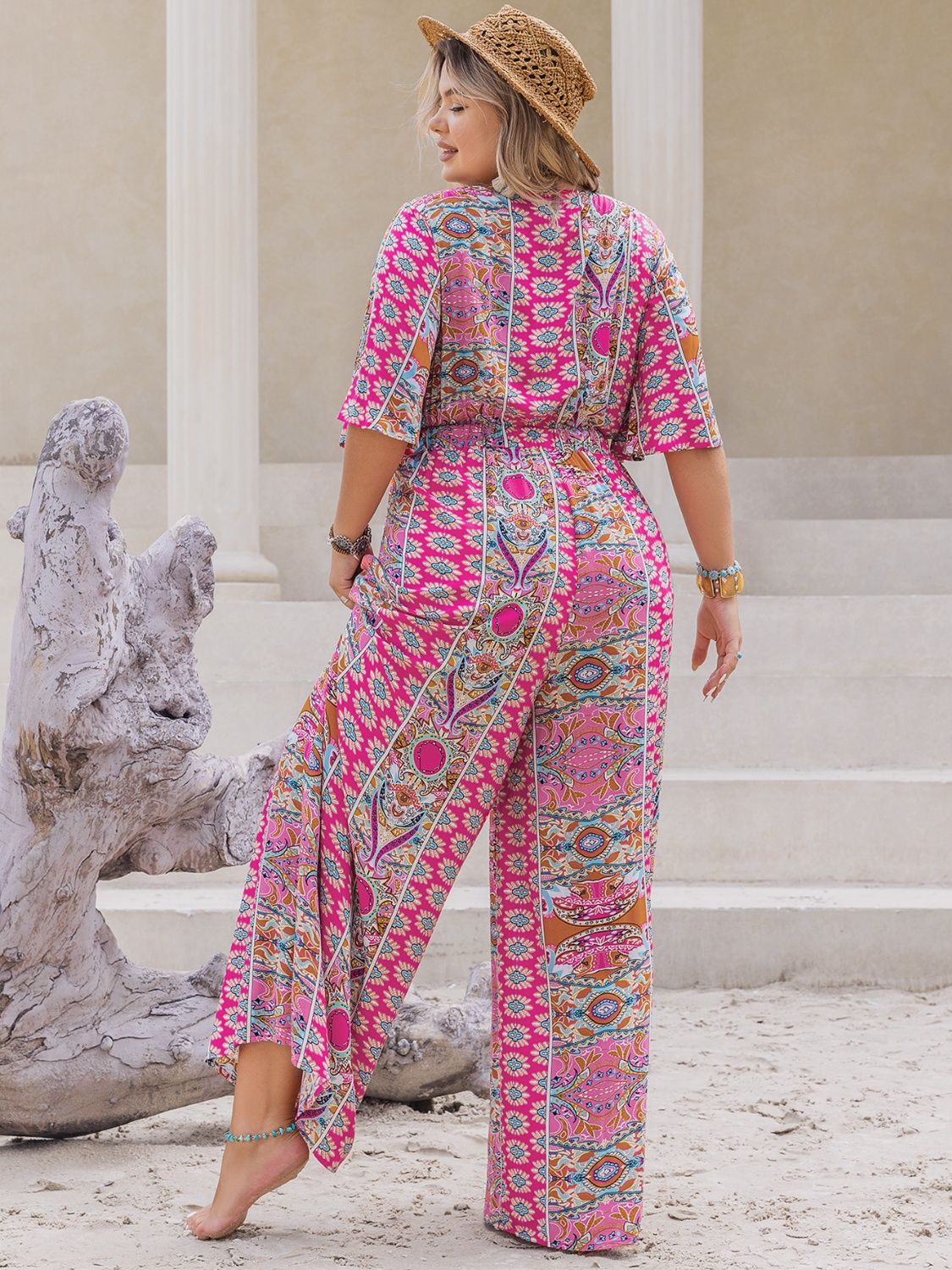 Plus Size Printed Half Sleeve Wide Leg Jumpsuit - Shimmervee