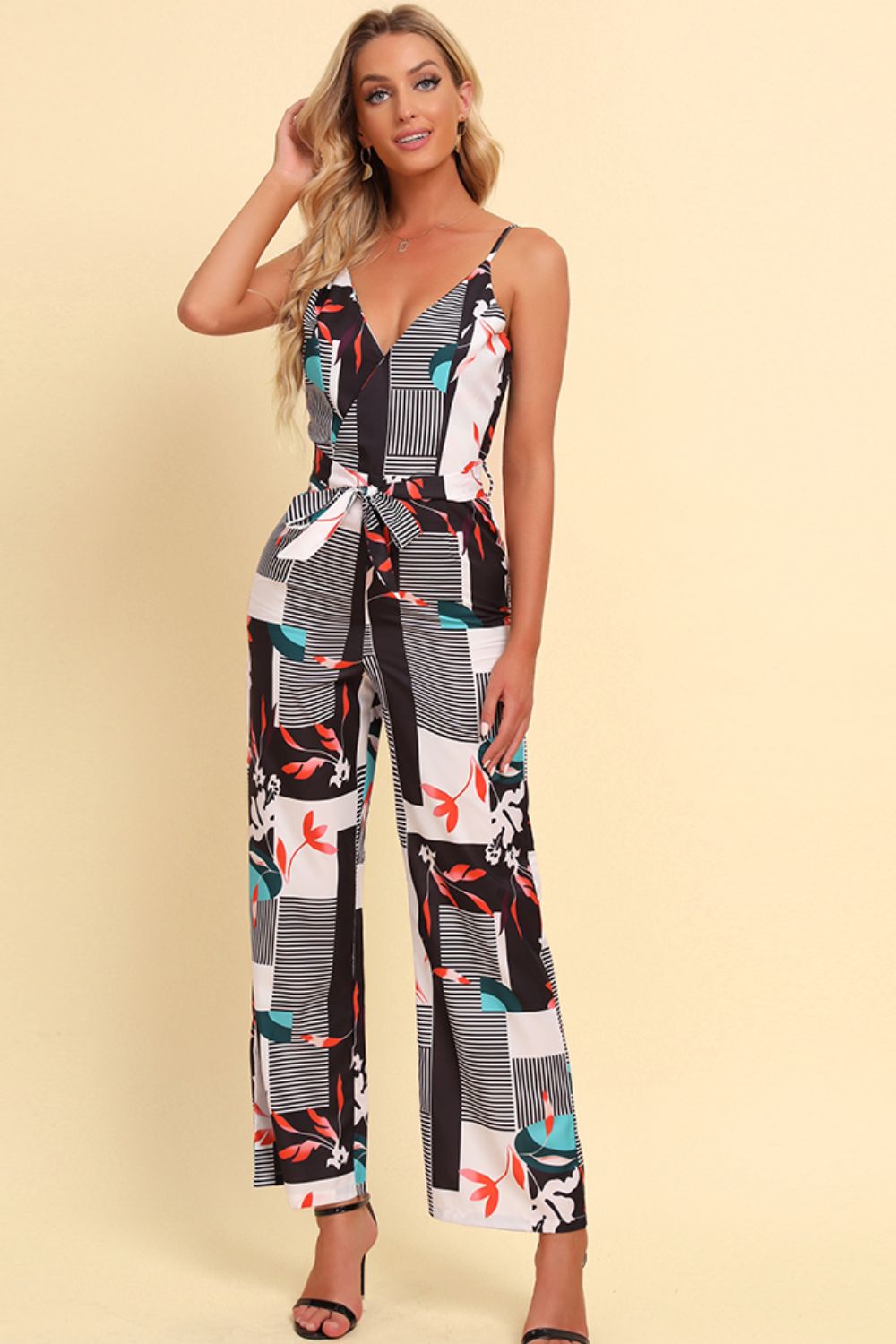 Printed Spaghetti Strap Tied Jumpsuit - Shimmervee