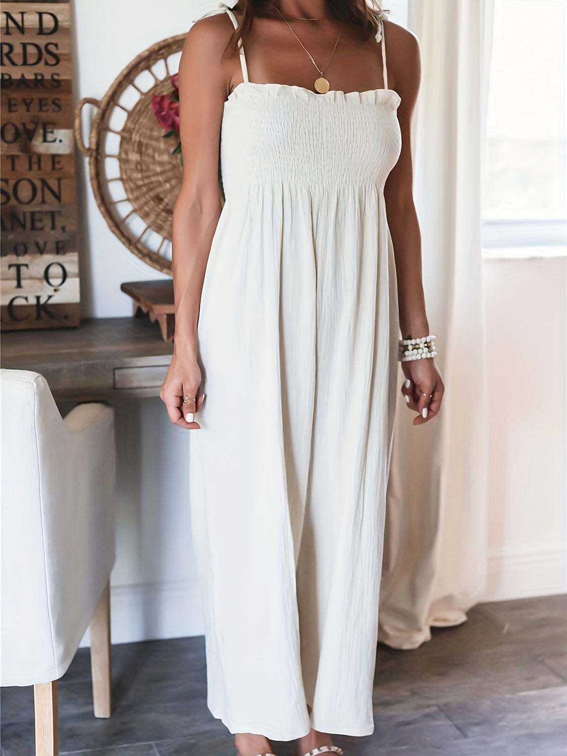 Full Size Smocked Spaghetti Strap Wide Leg Jumpsuit - Shimmervee