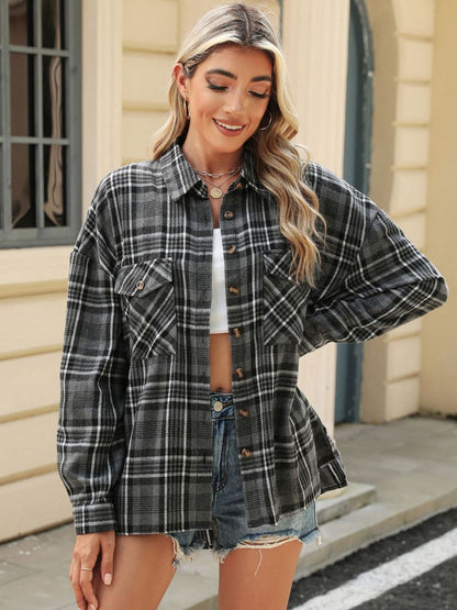 Pocketed Plaid Collared Neck Long Sleeve Shirt