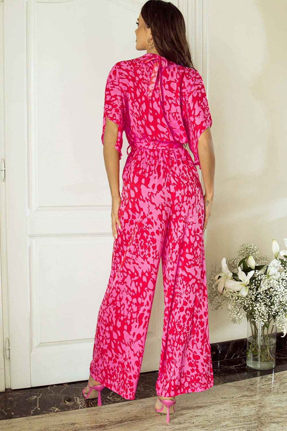 Printed Mock Neck Kimono Sleeve Jumpsuit - Shimmervee