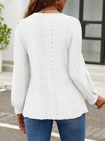 Eyelet Round Neck Long Sleeve Top - Shimmervee