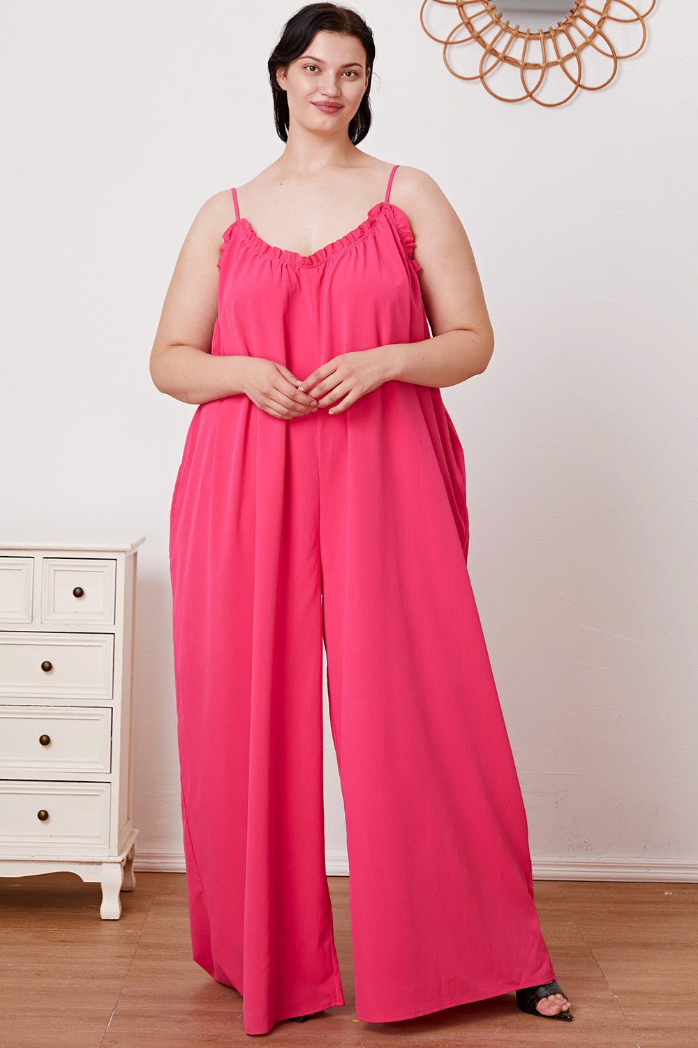 Double Take Full Size Ruffle Trim Tie Back Cami Jumpsuit with Pockets - Shimmervee