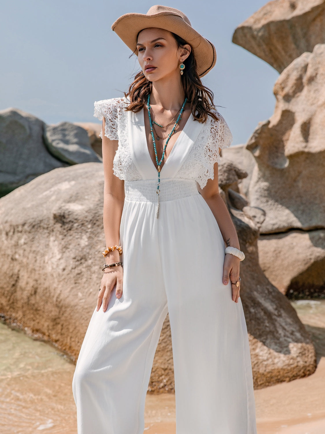 Lace Detail Plunge Cap Sleeve Jumpsuit - Shimmervee