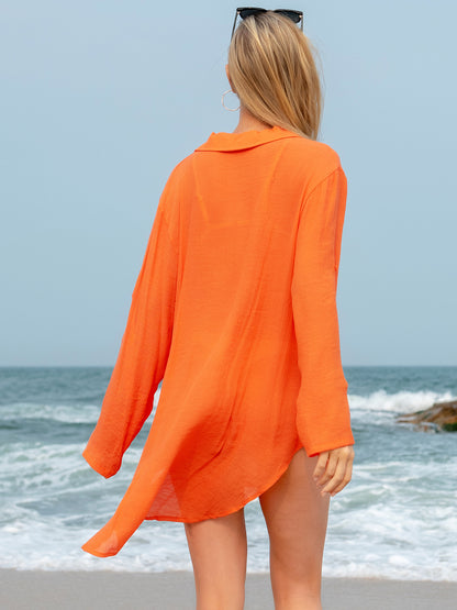 Pocketed Johnny Collar Long Sleeve Cover Up