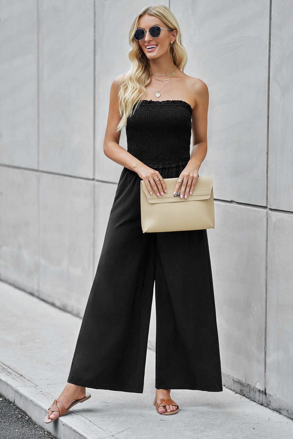 Straight Neck Smocked Jumpsuit - Shimmervee