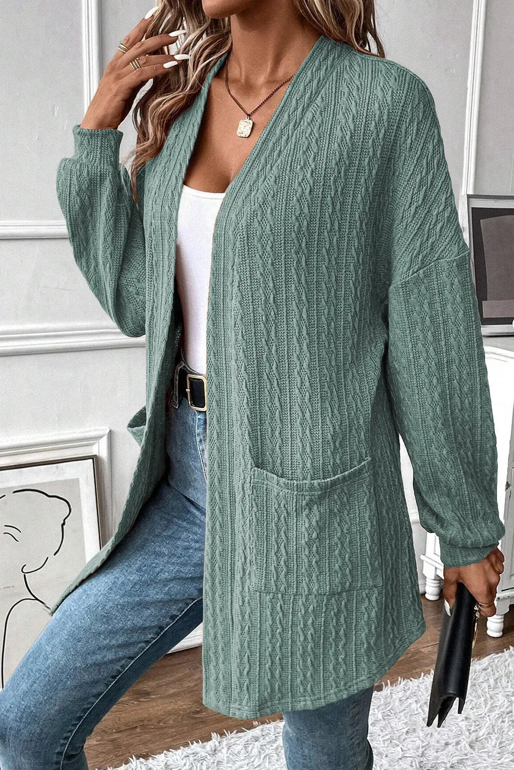 Textured Pocketed Open Front Long Sleeve Cover Up