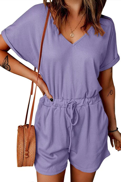 Full Size Drawstring V-Neck Short Sleeve Romper - Shimmervee