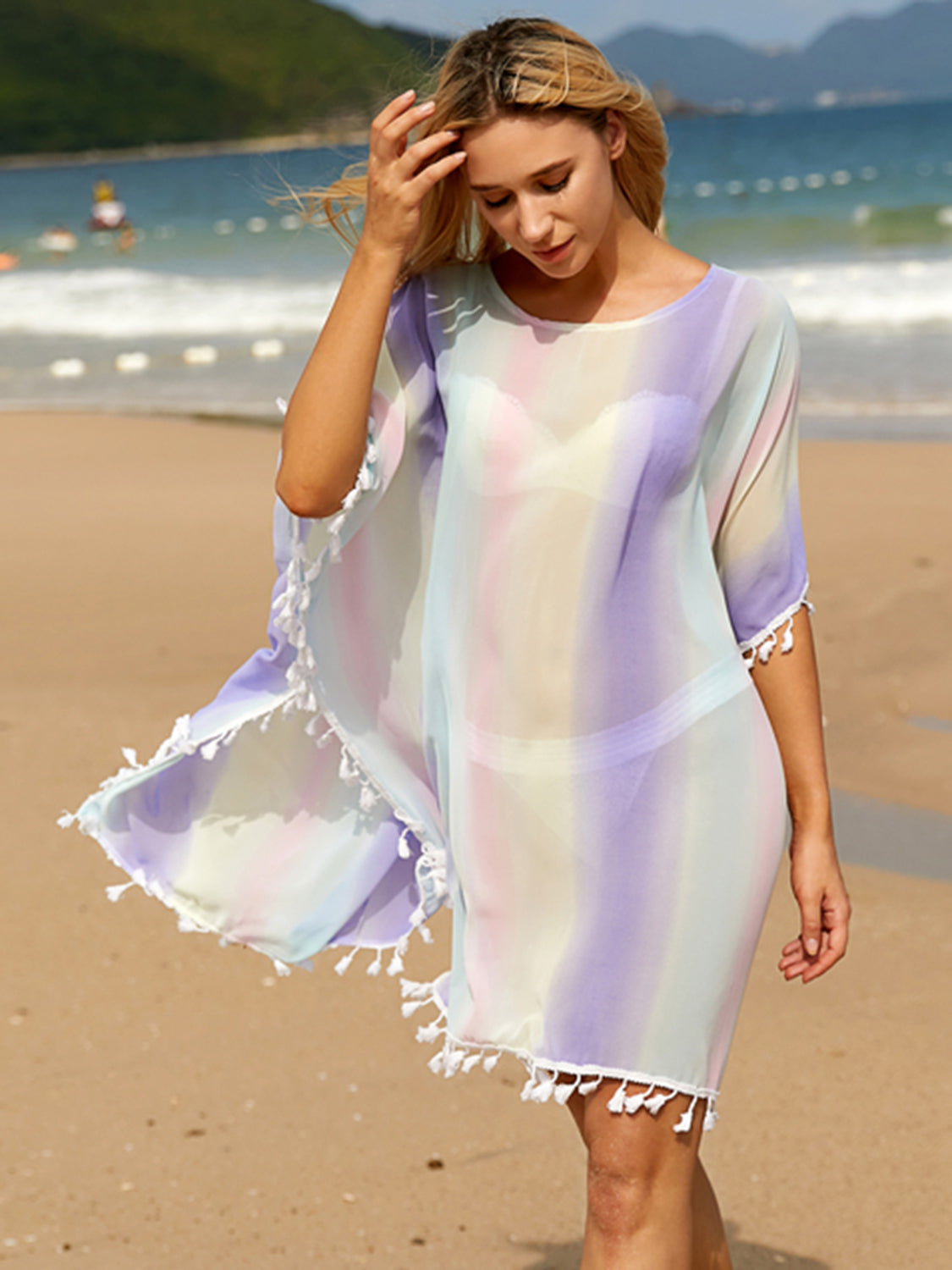 Tassel Boat Neck Half Sleeve Cover Up - Shimmervee