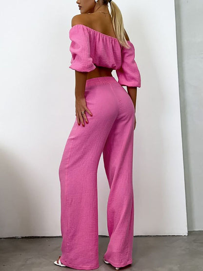 Off Shoulder Long Sleeve Top and Pants Set - Shimmervee