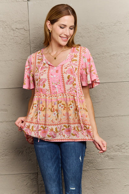 Perfee Bohemian Tie-Neck Flutter Sleeve Blouse