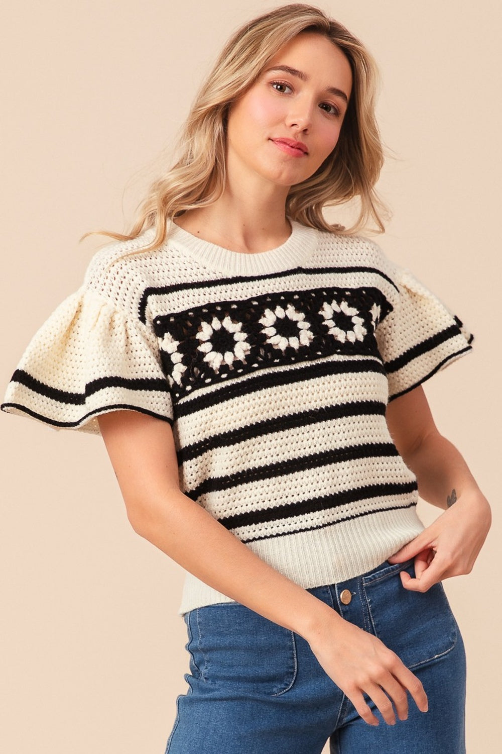 BiBi Granny Square Short Sleeve Striped Sweater - Shimmervee