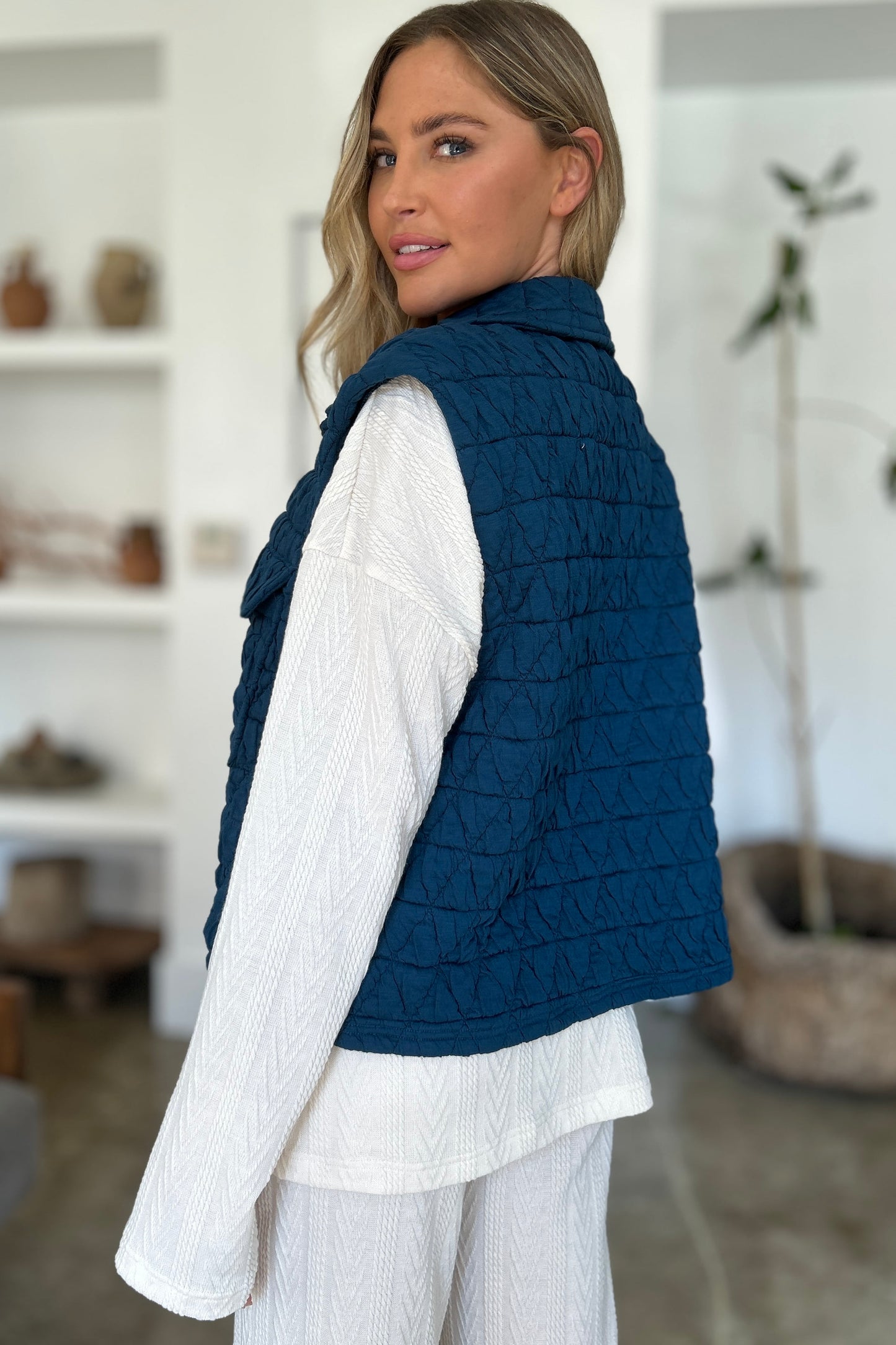 Double Take Full Size Pocketed Texture Snap Down Vest Coat - Shimmervee