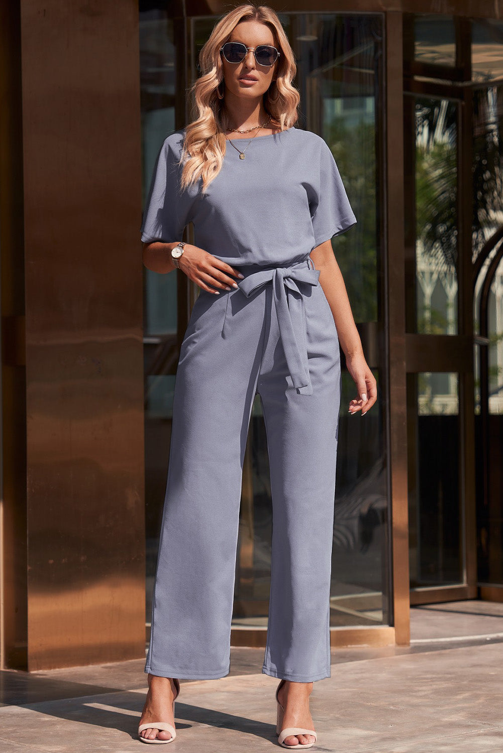 Full Size Tie Waist Straight Leg Jumpsuit - Shimmervee