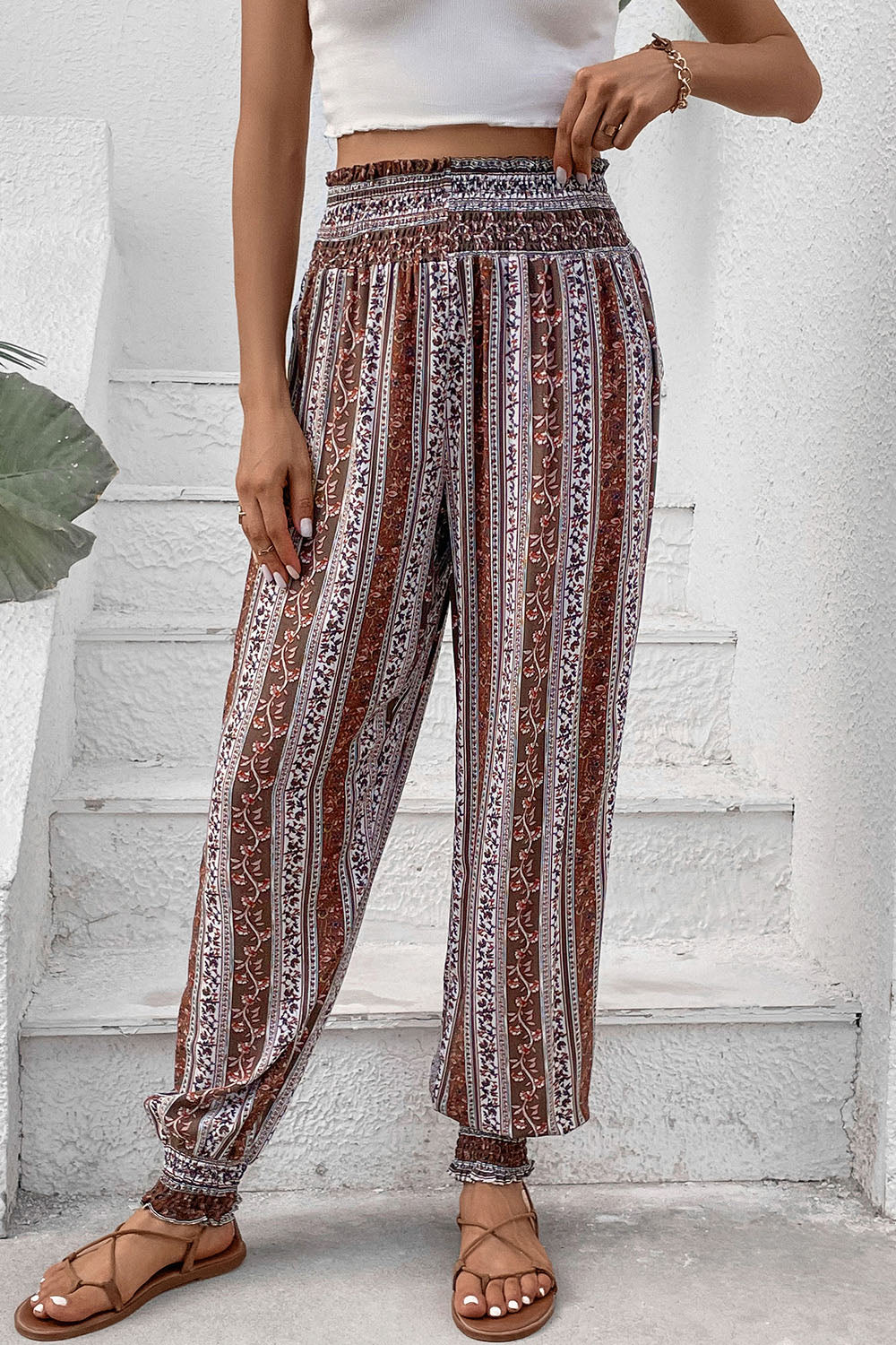 Perfee Smocked Printed High Waist Pants