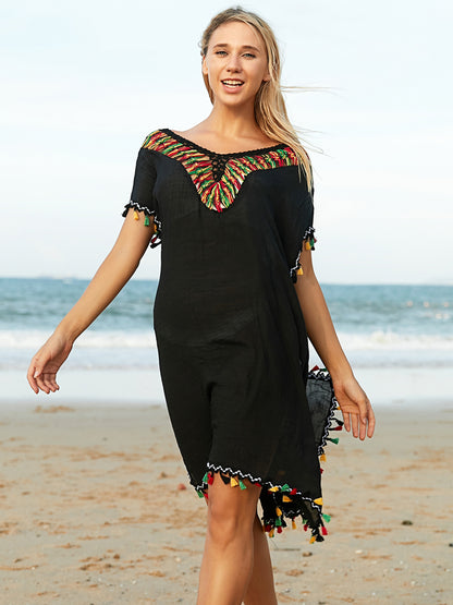 Tassel V-Neck Short Sleeve Cover Up - Shimmervee