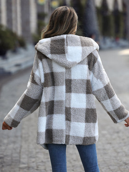 Plaid Open Front Hooded Coat - Shimmervee