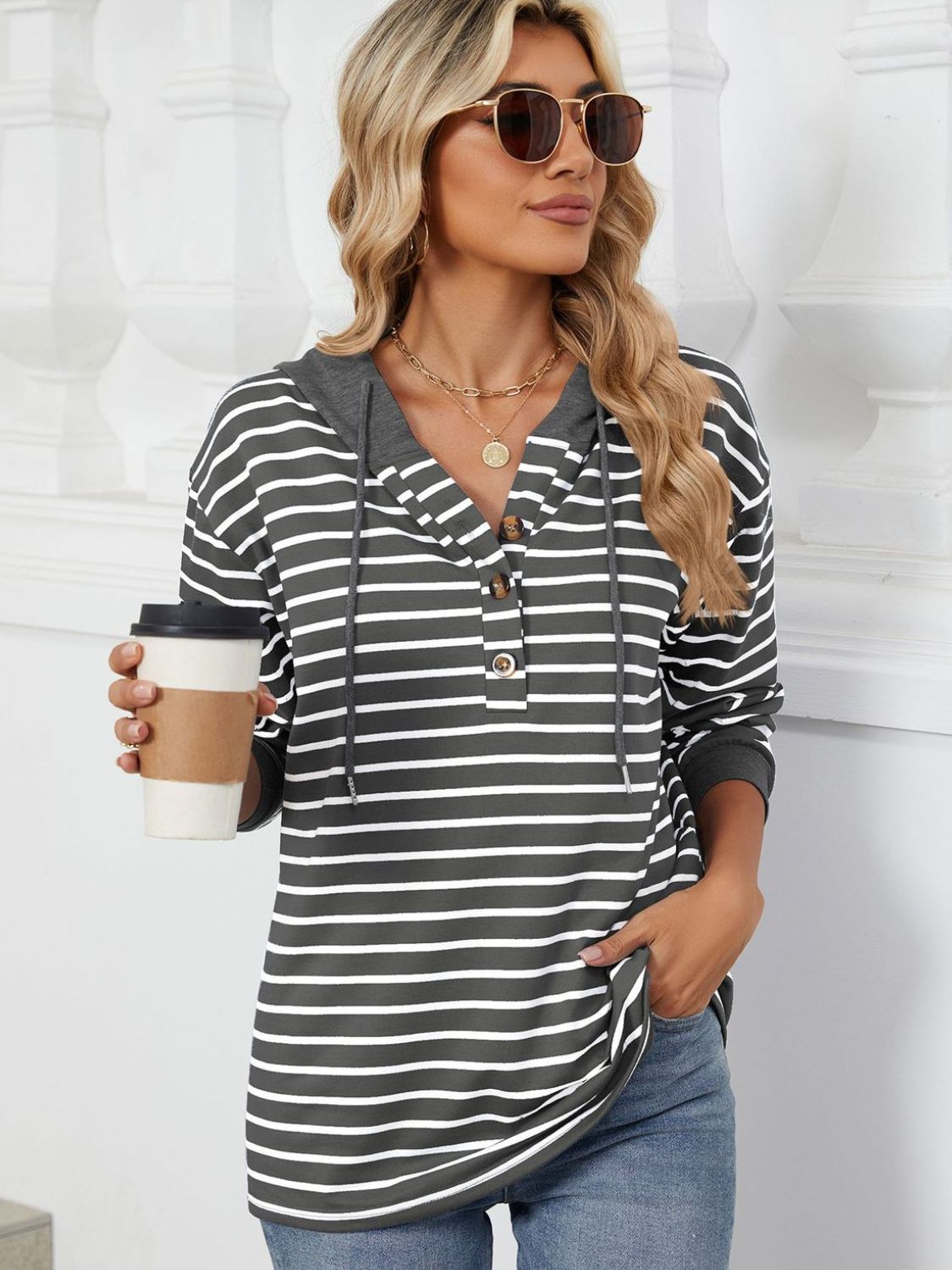 Drawstring Striped Long Sleeve Hoodie - Shimmervee