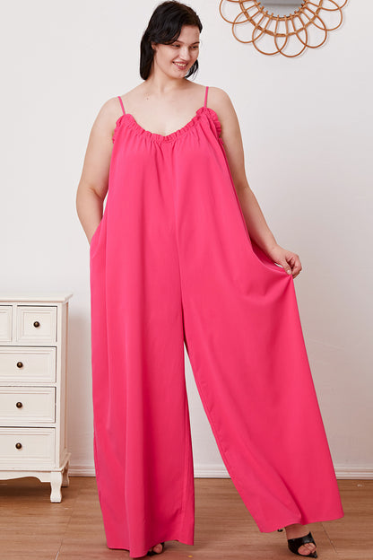 Double Take Full Size Ruffle Trim Tie Back Cami Jumpsuit with Pockets - Shimmervee